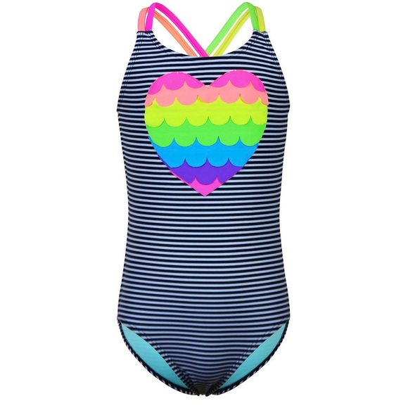 Girls Size 10 Colorful Fish Scales Print Heart Criss Cross Strap 1Piece Swimsuit - Picture 2 of 10